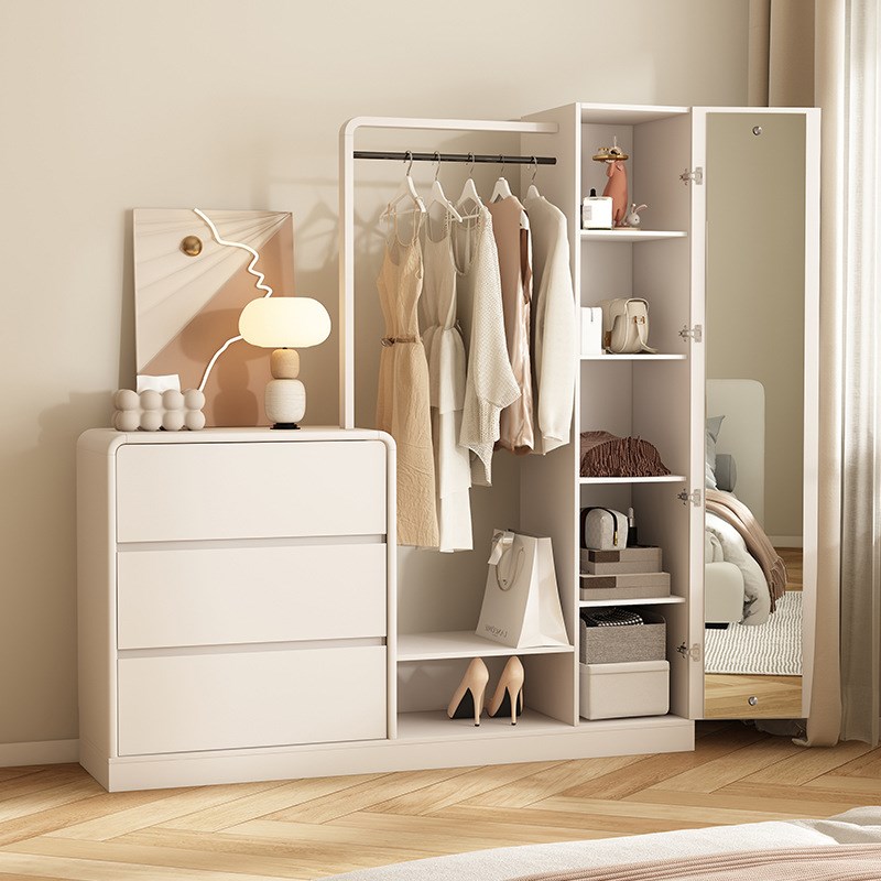 斗柜卧室储物柜床尾靠墙五斗柜网红奶油抽屉柜带挂衣架衣橱收纳柜