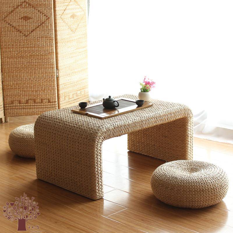 厂茶家直蒲草藤编几式矮桌榻榻米简日约地Q003台飘销窗小桌子