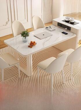 岛餐桌一小户型油风可伸缩岩板餐桌台奶IPQ多功能吧台体烧水轻奢