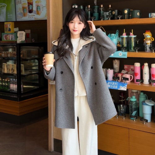 秋冬新款双排扣西装领短款羊毛大衣高级感宽松