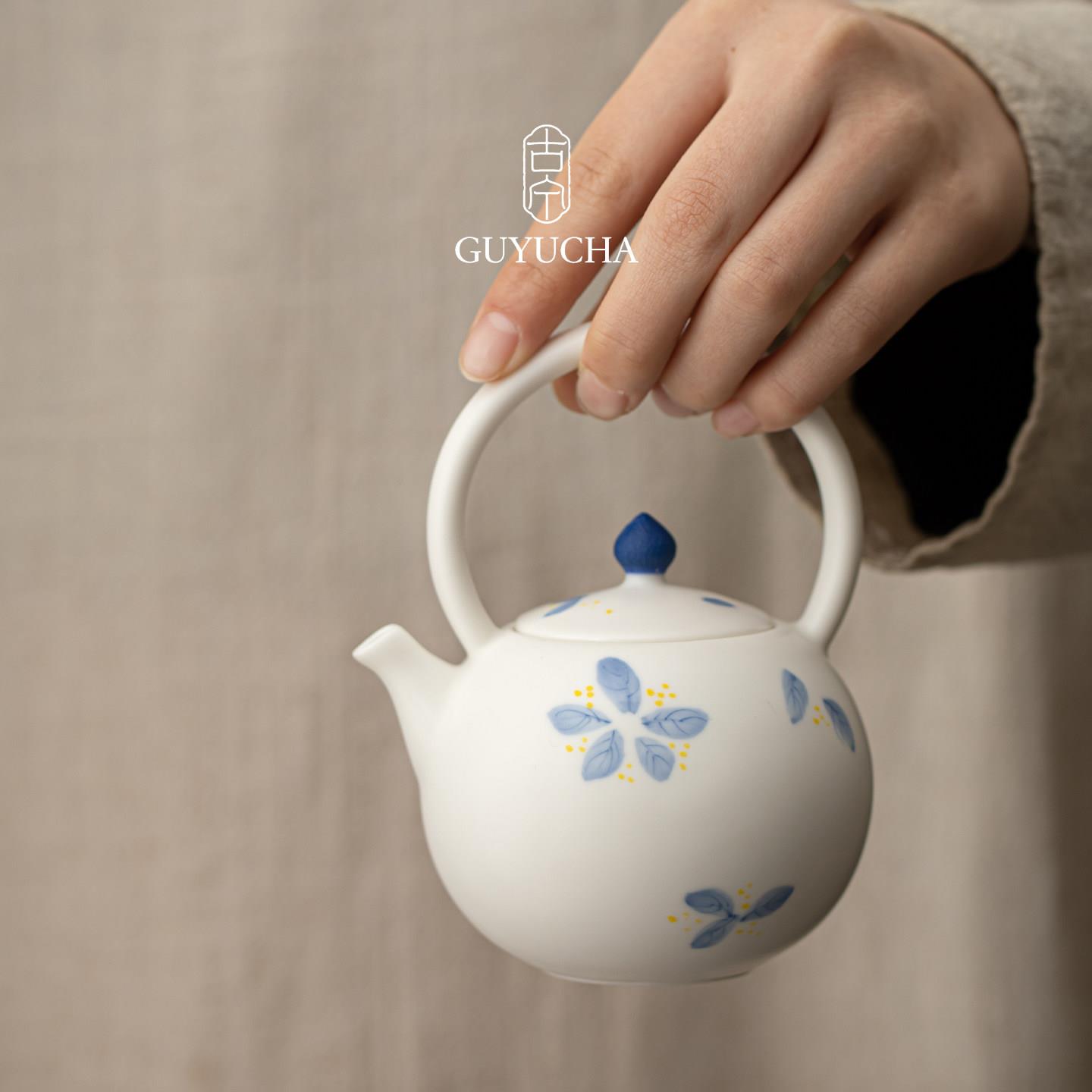 古与茶手绘桂花羊脂玉提梁壶陶瓷茶壶单壶女士清新茶具精致泡茶壶图片