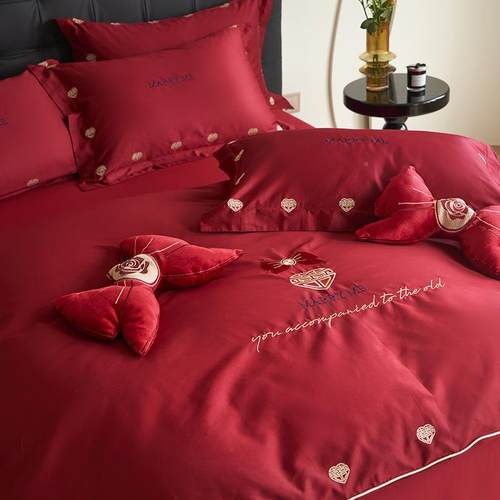 s高端简约中式新婚Y19庆红色100长绒棉件套全棉婚雅婚四陪嫁床上