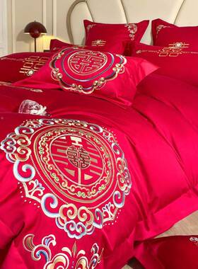 新中式婚四简件庆套大红床色刺绣被套新婚约结婚上用品陪嫁123151