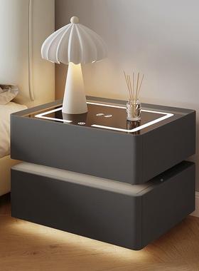 床头柜智能现代简约主室悬浮轻奢岩板锁无线充密码实卧木床VPF边