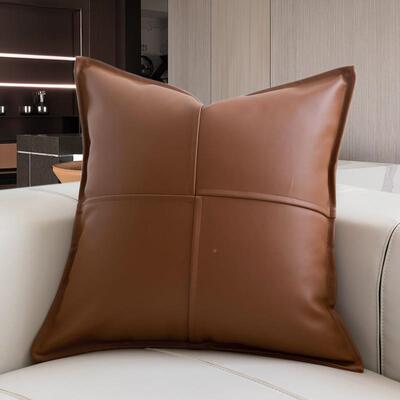 现代简轻奢DTB样房板枕套棕色PU皮革约拼接压边纯色方形靠垫套抱