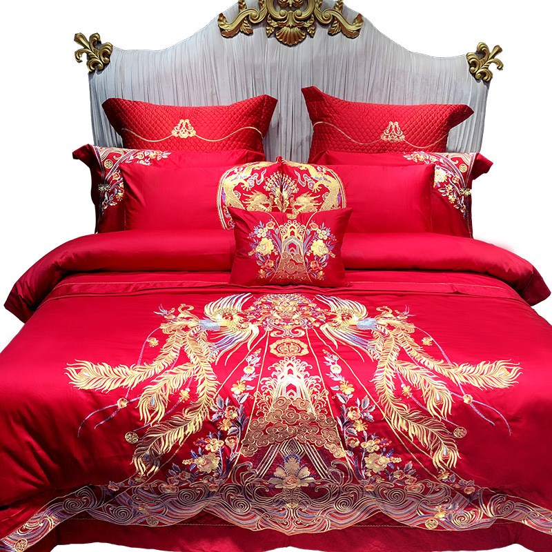 婚庆四件套大红新婚中式龙凤刺绣喜被结婚床单被套1.8m床上用品