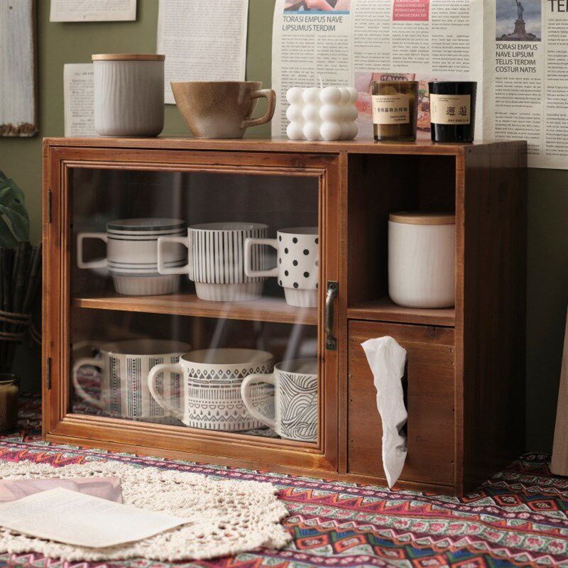 zakka网红置物架带纸巾盒复古双层木质茶具桌面收纳盒杯子防尘柜