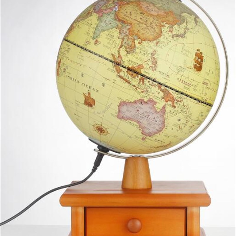 20cm高清抽屉首饰盒收纳带灯复古地球仪台灯实木装饰品摆件