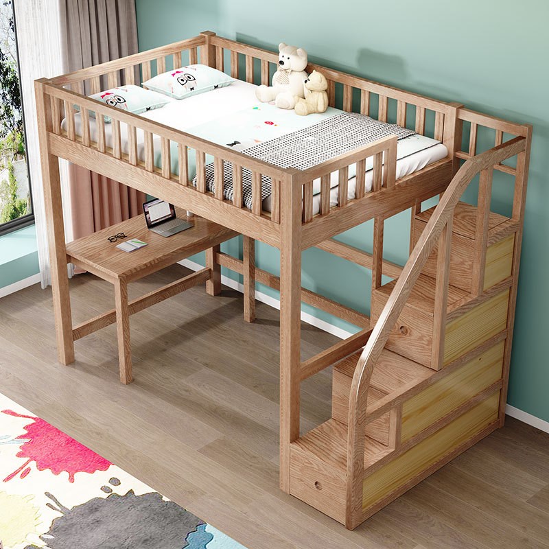 北美红橡木儿童上床下桌高架床单上层双人全实木子母床上下铺子母
