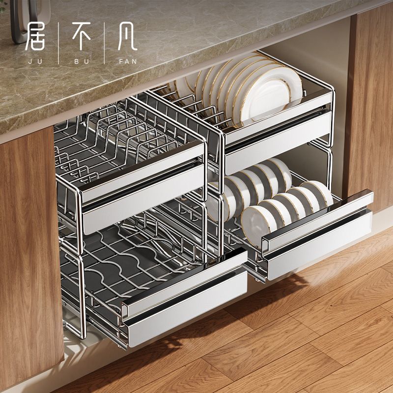 不锈钢碗碟收纳架家用橱柜内置物架抽屉式拉篮抽拉碗篮沥水盘碗架