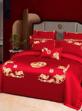 支结婚100长绒四件套A类母XLO婴级绣六件套大红色中式棉床上多件