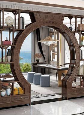 中式实木博古月架洞门多宝DWH断阁弧形圆门月亮门客隔菠萝格木家