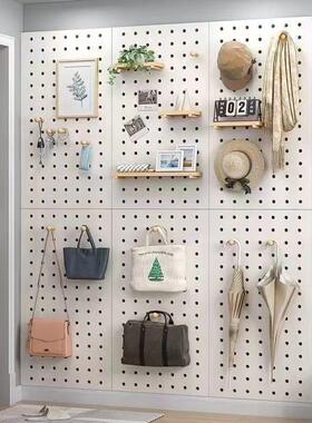 白色实木洞洞板墙壁上置物架木质收纳墙展挂隔入户玄关示架书LEJ