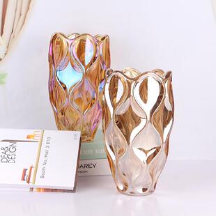欧摆式电镀玻璃彩花瓶大口花径瓶件色玻璃DWQ花瓶装饰婚庆花瓶