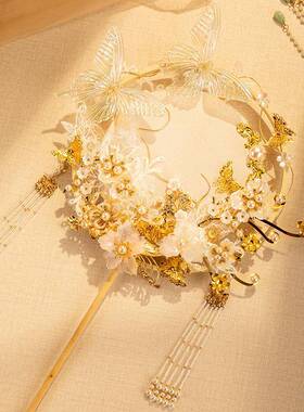 长FRB乐未团央香遮槟色秀禾服结婚喜扇新娘婚礼迎面扇子手工扇婚