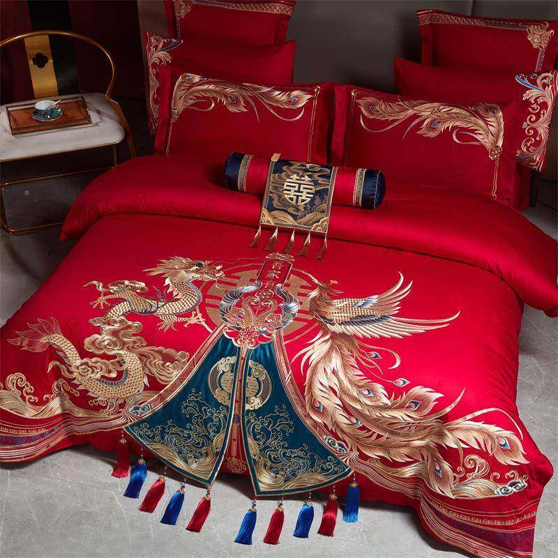 高端HFT-9914四0S全贡缎提刺绣大红婚棉庆花件套双股长绒棉婚嫁床