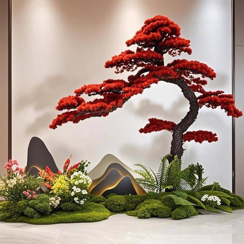 仿真假树迎客松红色店仿生无品牌/绿植植树景观物造景酒楼梯室内