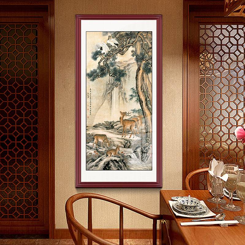 正对大门墙松鹤延年入户玄关装饰荷花挂画中式竖版八骏图传世名画图片
