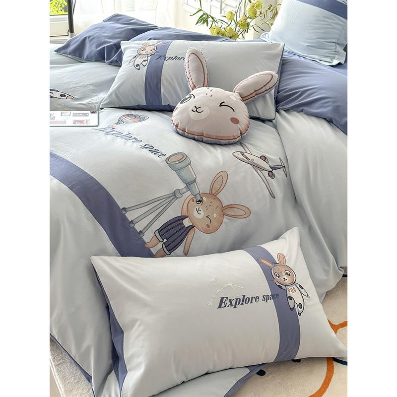 EJW恒家纺卡通全棉磨毛床床单厚四件套儿童毛巾恰绣加秋冬被套上