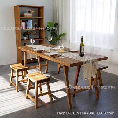 新中式桌实木长条大班37683桌旧木板办办公桌自然茶风化老公门板