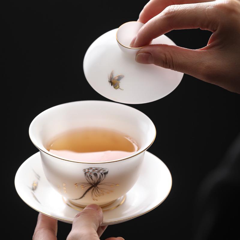 种2357羊脂玉素茶具德化白瓷三才碗墨莲福冰烧禄蝉千里江山盖盖碗