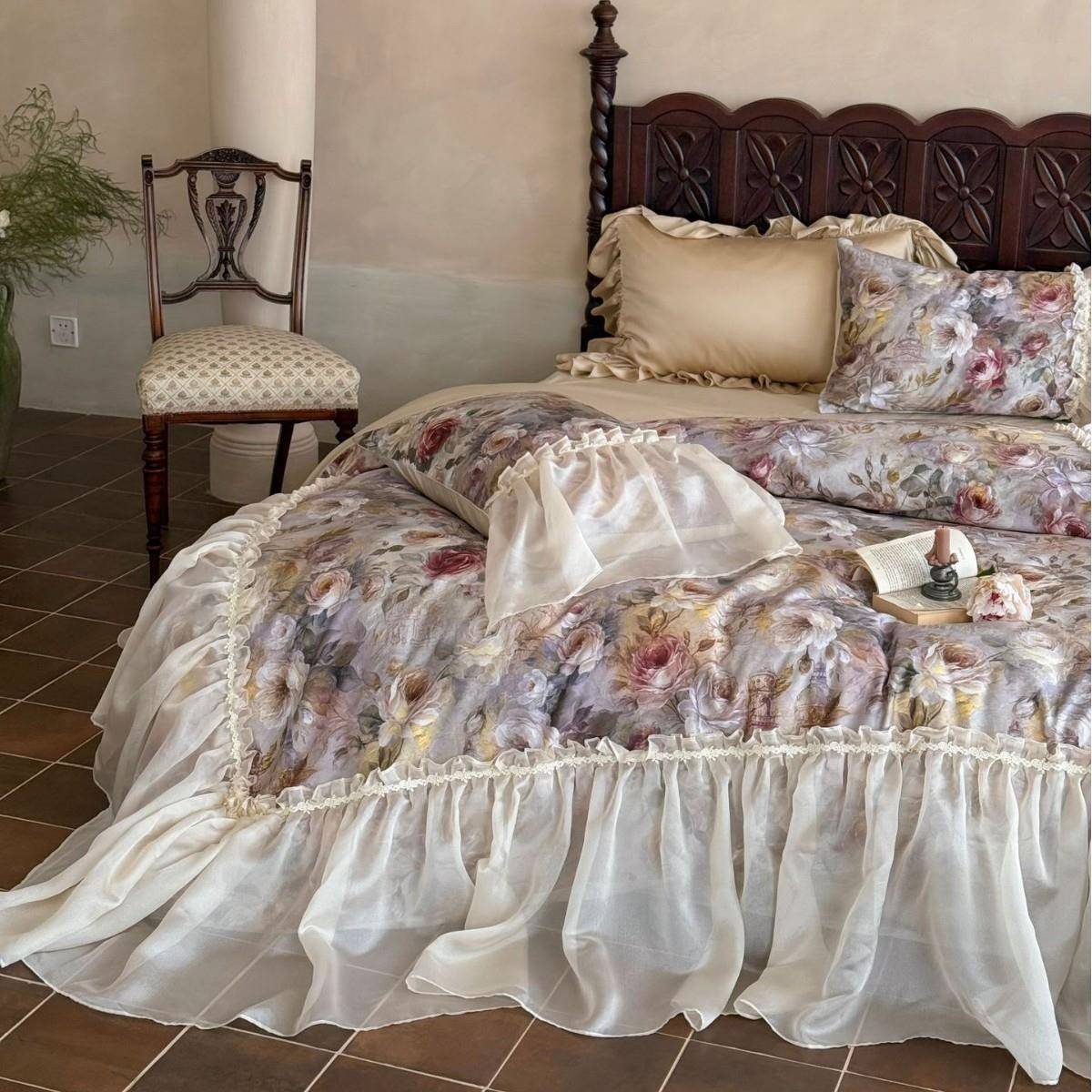 法式复古油风印花长四绒棉画套全棉贡缎花边被套床单轻奢床YSL件