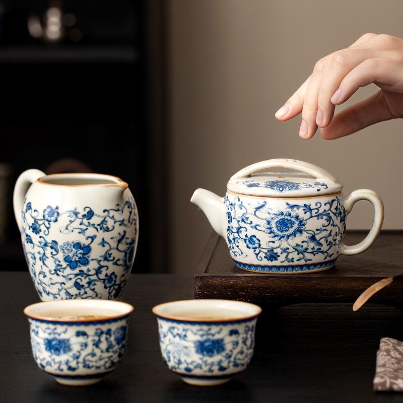 汝窑青花缠枝莲汉瓦陶人瓷壶茶泡茶家用单冰裂开片KXR汝瓷功夫一