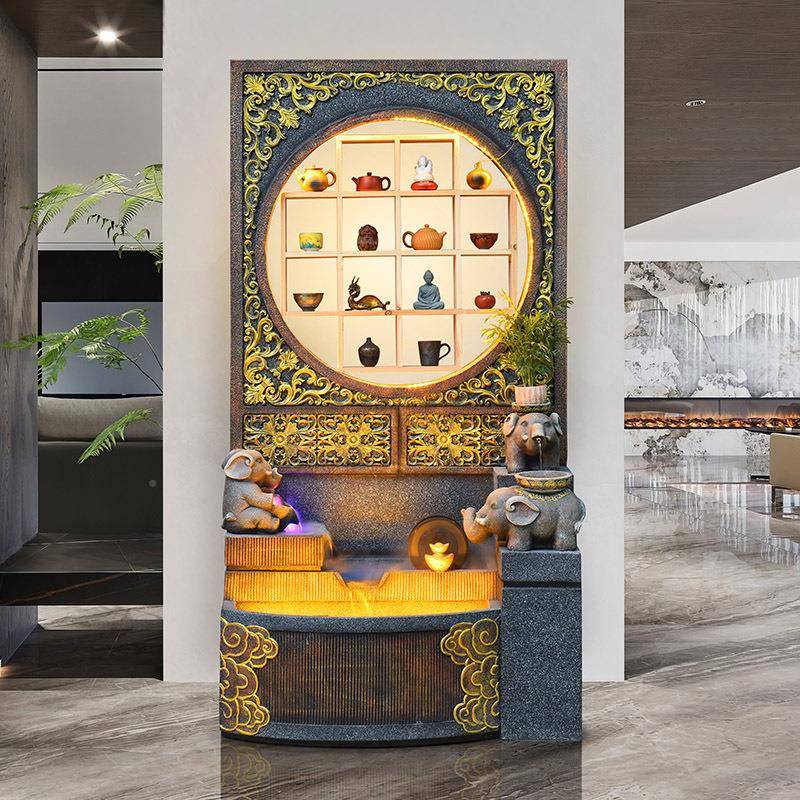 复古创意水墙幕循QJV环流水招财饰摆件玄关别墅酒店鱼池水风轮装