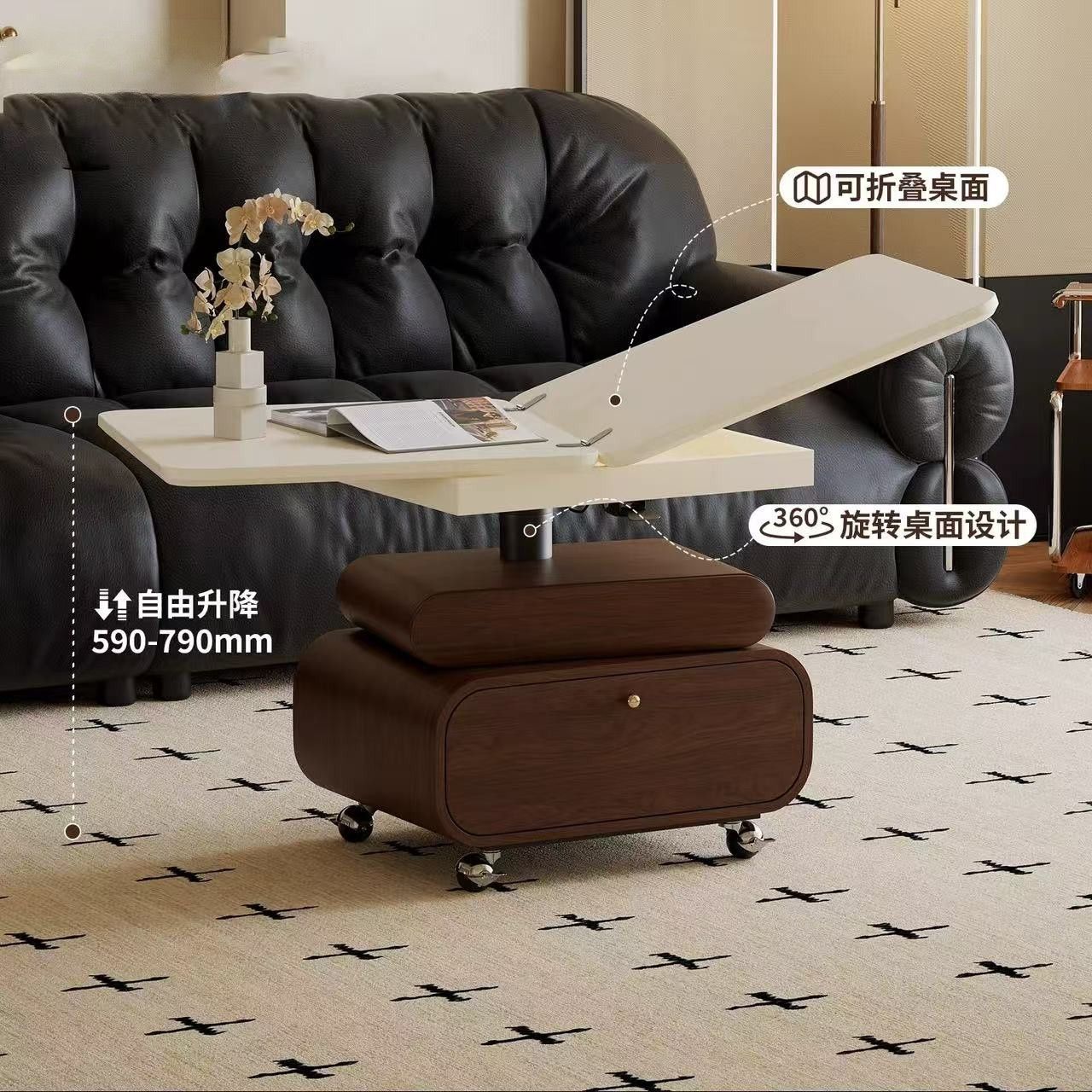 法式实木升降两用茶几餐桌小户型
