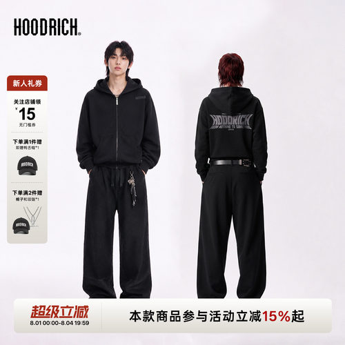HOODRICH黑色哥特字母连帽拉链卫衣秋冬情侣运动廓形休闲外套男女