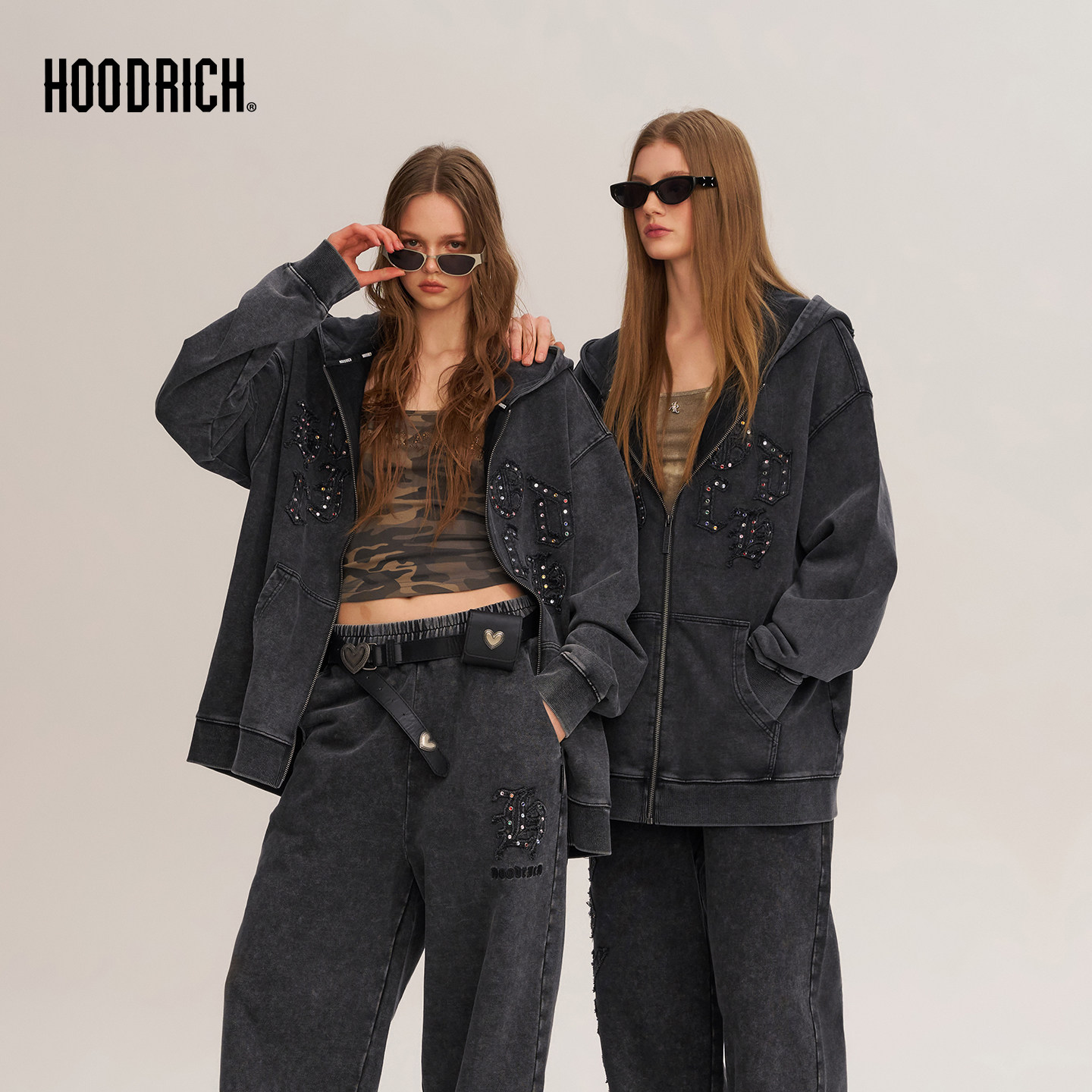 HOODRICH水洗做旧字母钉珠贴布工艺连帽卫衣潮流百搭开衫外套男款