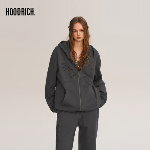 HOODRICH深灰色字母贴布烫钻连帽开衫卫衣潮流百搭帽衫外套男款