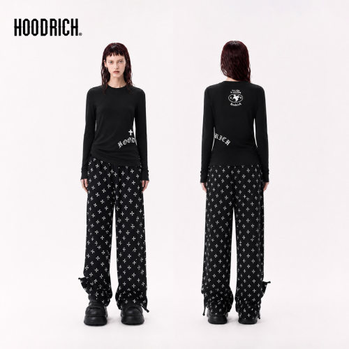 HOODRICH黑色斜字母印花长袖T恤春秋潮流修身弹力运动上衣女款