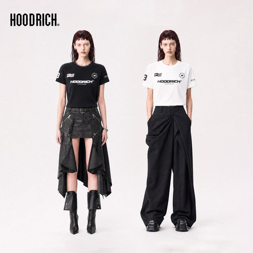 HOODRICH赛车竞速运动风字母印花短袖夏季街头潮流修身正肩T恤女