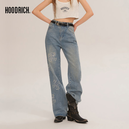 HOODRICH十字架字母刺绣水洗牛仔裤春夏直筒低腰修身休闲裤女款
