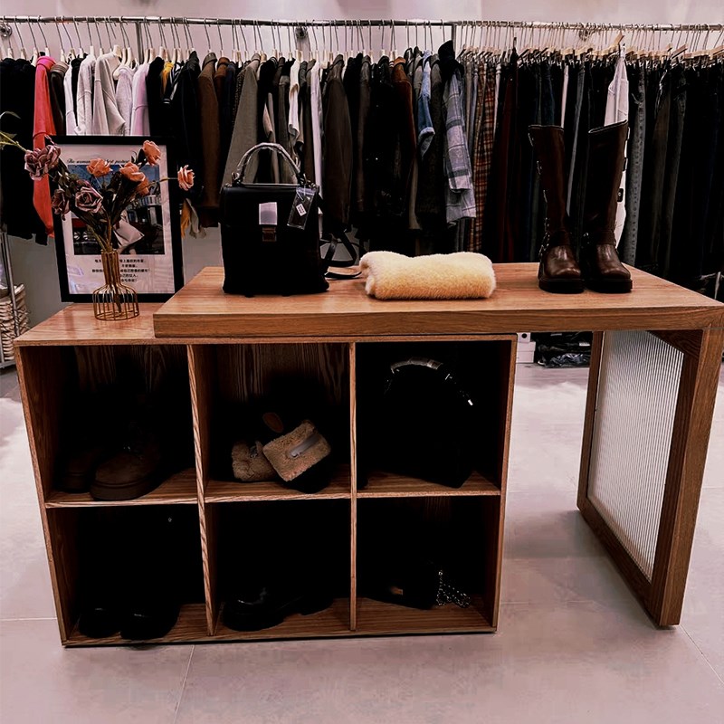 木纹色伸缩中导台服装店免漆展示台商铺装饰柜摆件展台陈列流水台