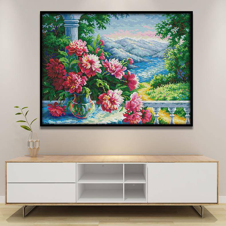 201工F9268新款十字绣花瓶与远山小幅绣风花园一角装景饰画自刺绣