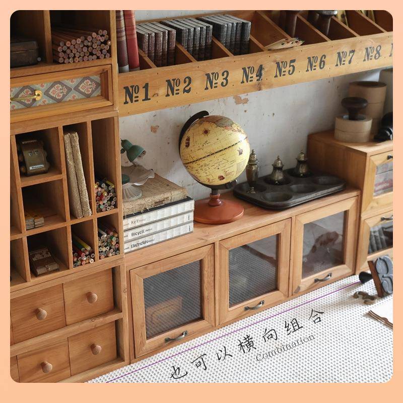 ?叁屉杉复古面收纳桌盒抽式木质置柜手物PJ19901账文具画笔书桌整