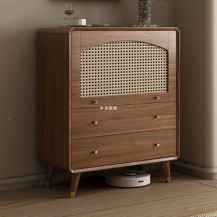 实木斗柜藤编新式储物柜AKU子抽卧室抽屉柜子置物柜多层屉中式斗