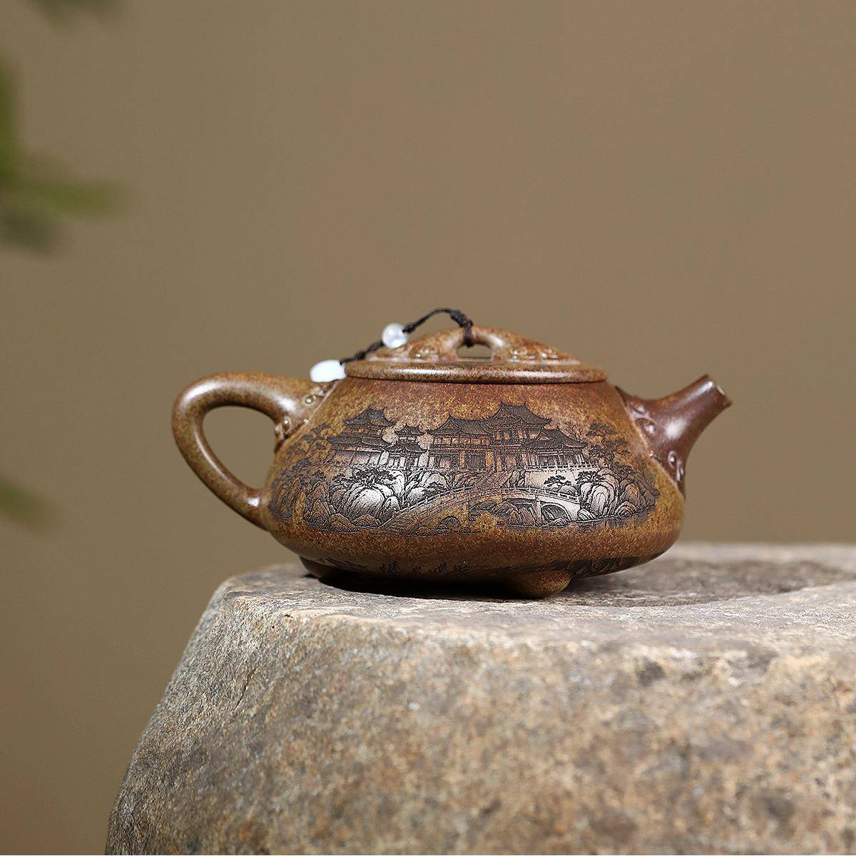 厂家直销宜兴紫砂壶工制作原高温沉香ZHIFU-24观景石瓢大容量矿泡