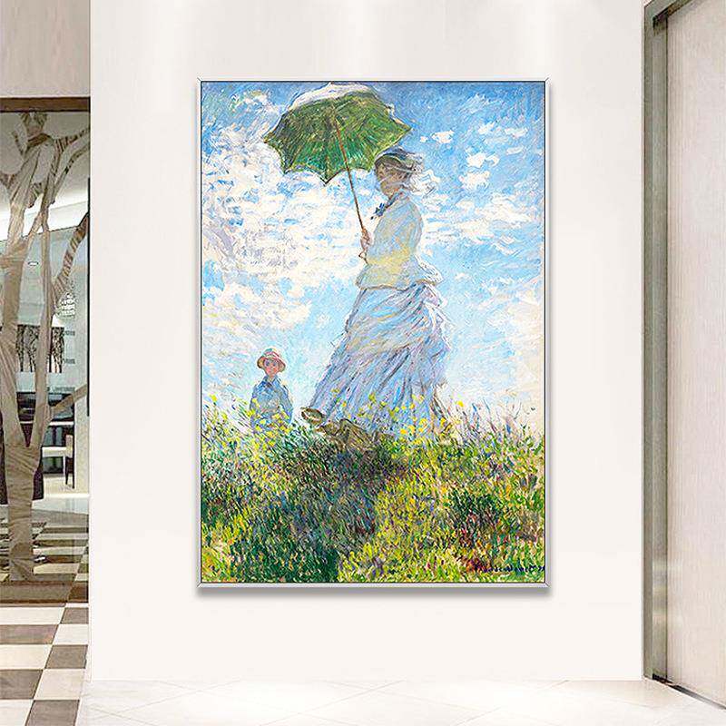 A164油画手绘名画莫奈撑伞女的人廊现代厅走过道装饰画玄关客背景