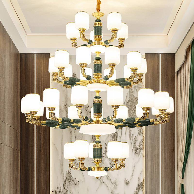 新款新中式全翡翠绿石石翡翠现绿客厅吊灯铜餐厅卧室别墅复式楼代
