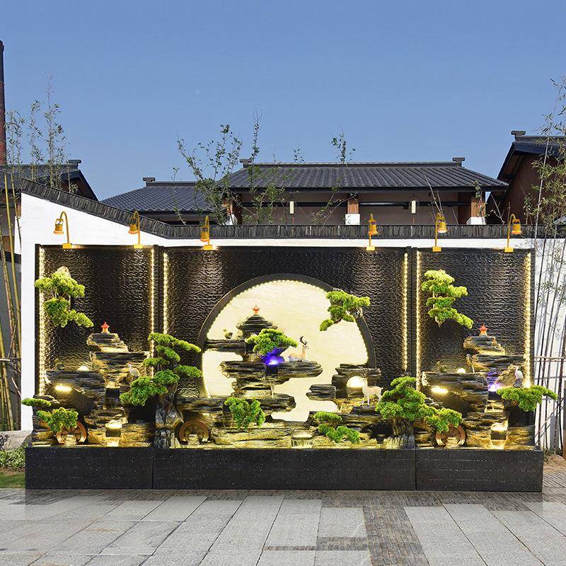 假流水喷鱼池墙屏风摆泉件酒山店前台装饰品VDX户外水景