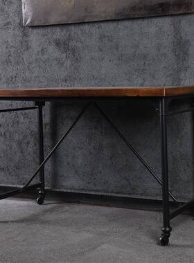 家热销美式复古实厂木家用长形风桌14823TB铁艺工方业餐桌水管办