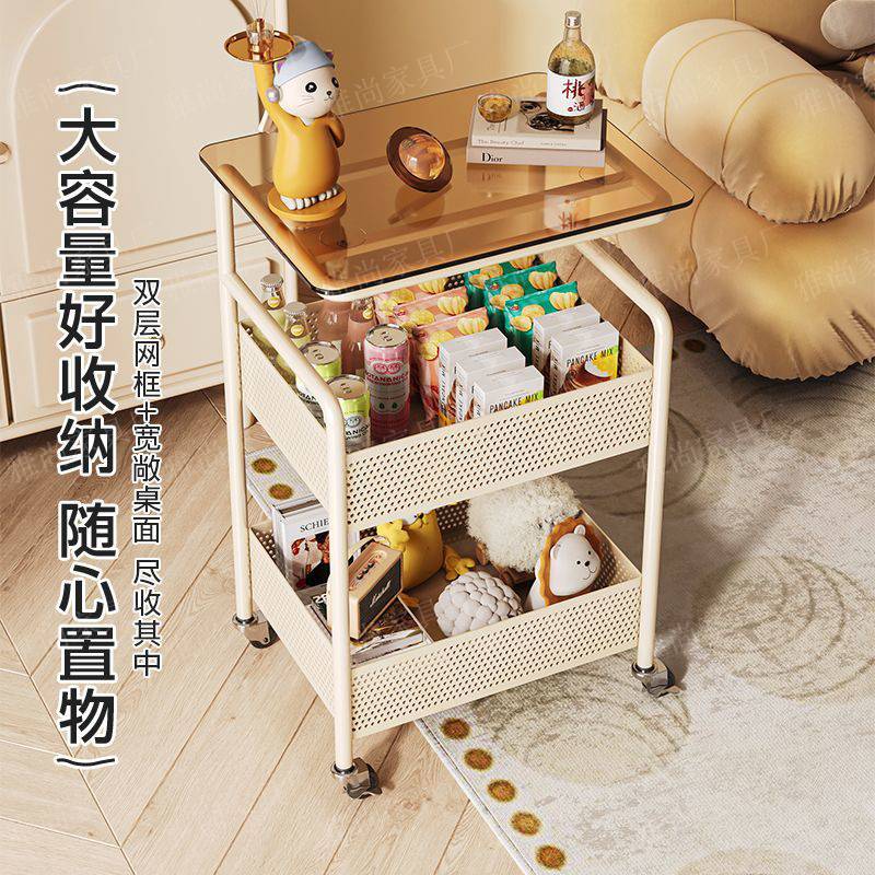 可移动奶油风床边沙发边几钢化玻璃茶几家用简约现代小推车置物架