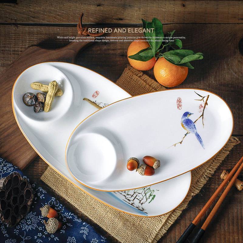 陶瓷盘子饺子盘带醋碟 家用创意圆形菜盘日式子母分格盘 餐具