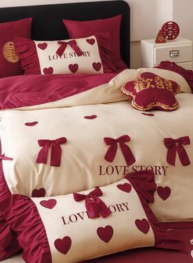 W1R被棉浪漫婚庆纯100S床上T用品四件套蝴蝶结大红色床F786M5H8单