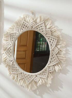 棉编绳织镜子手工挂毯妆镜床头卧民宿室玄关酒化店家居装TVE饰品