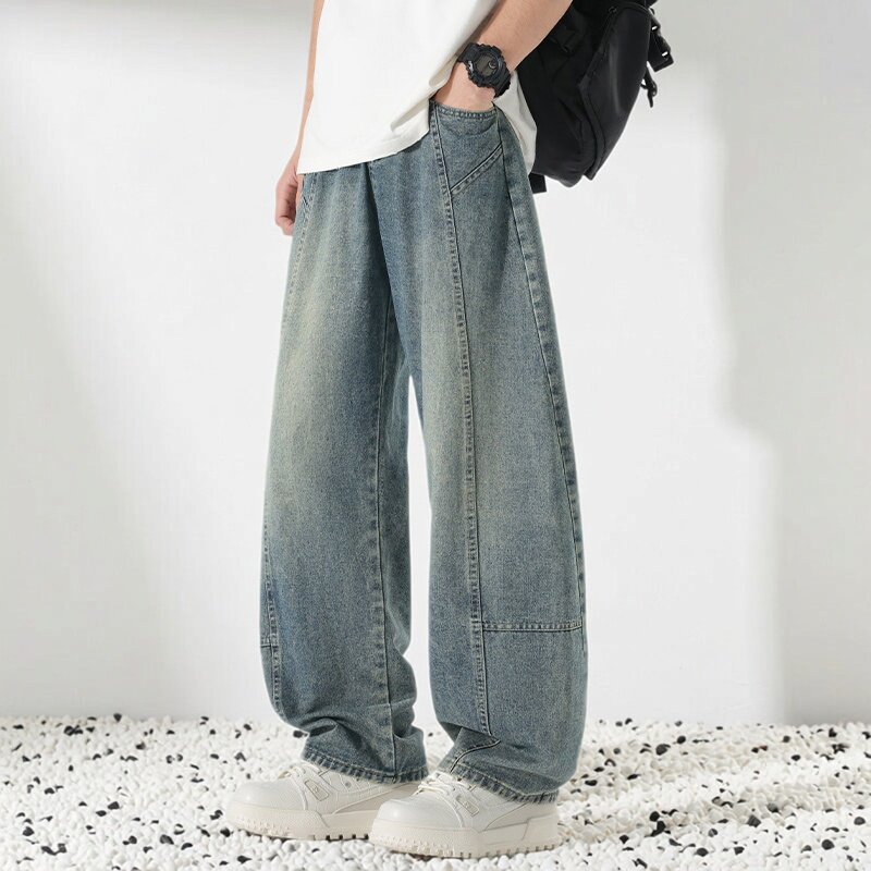 弯刀牛仔裤男春季新款潮牌宽松直筒青少年阔腿休闲长裤