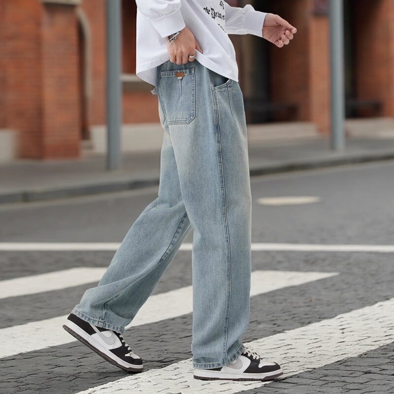 男生牛仔裤宽松直筒春季新款美式休闲潮流水洗阔腿长裤